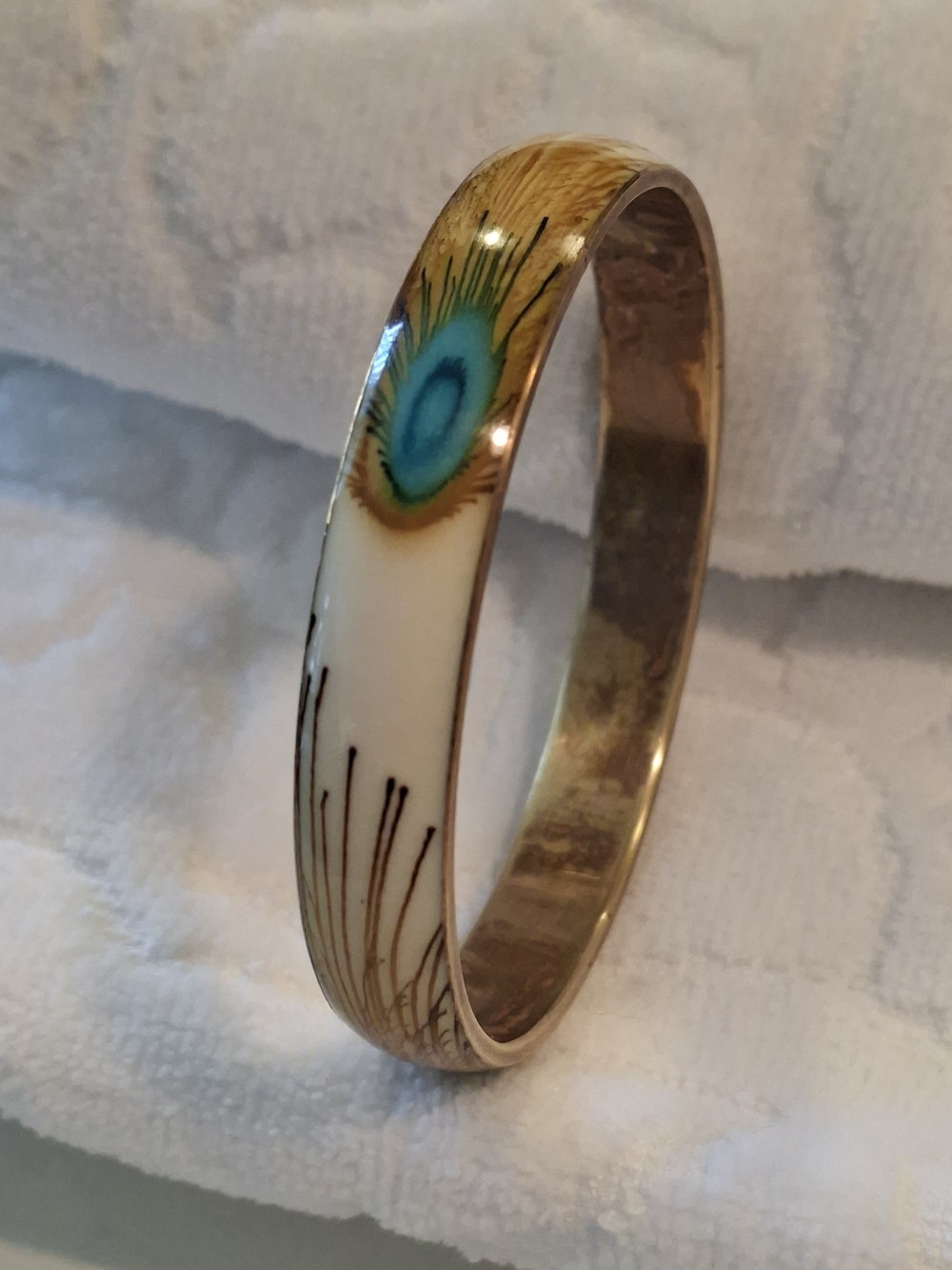 Gold Tone White Enamel Bangle with Peacock Feather Accent